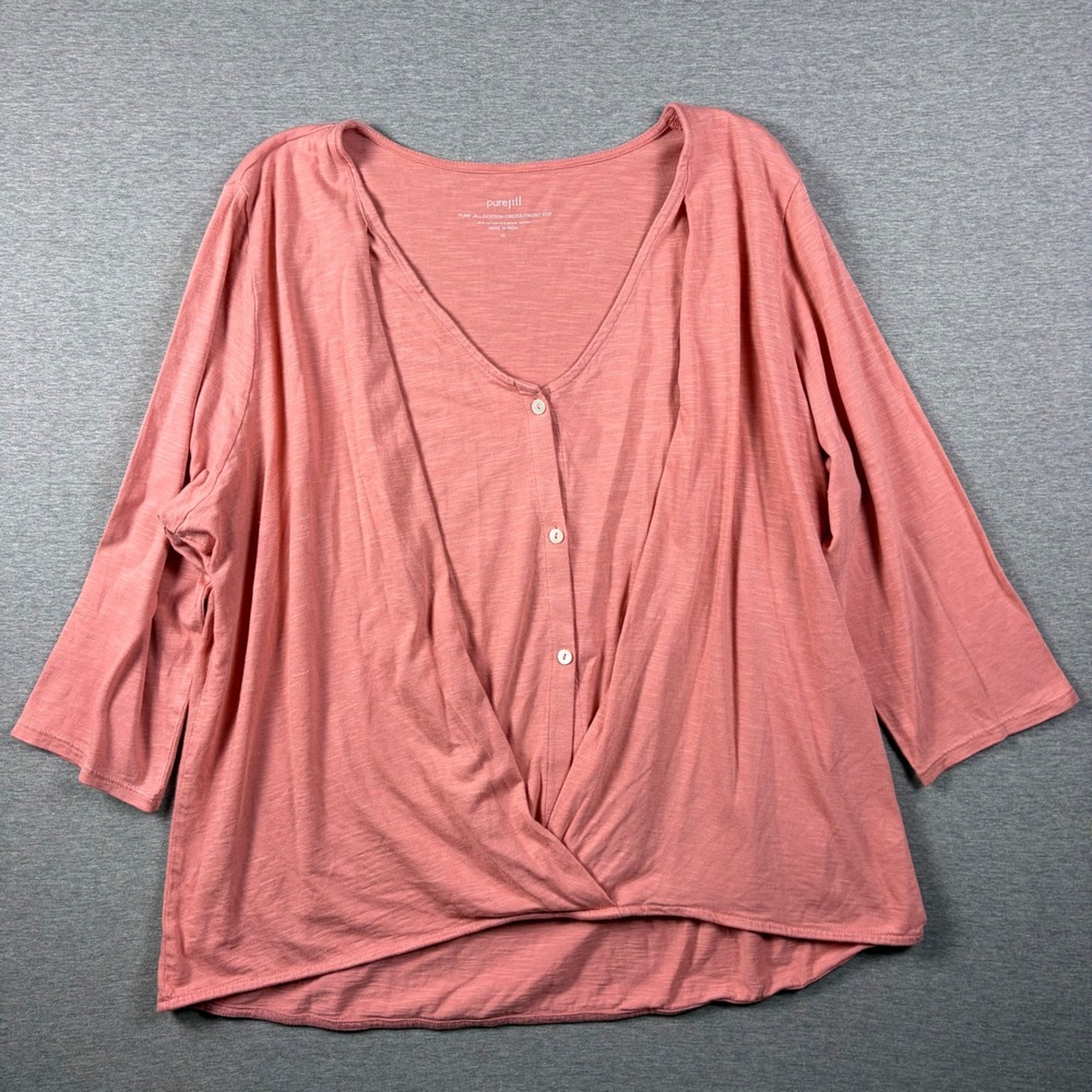Pure Jill Top Women XL Pink Cotton Cross-Front Draped 3/4 Sleeve V-Neck Blouse